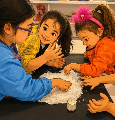 Kâğıt hamuruyla çalışan üç öğrenci