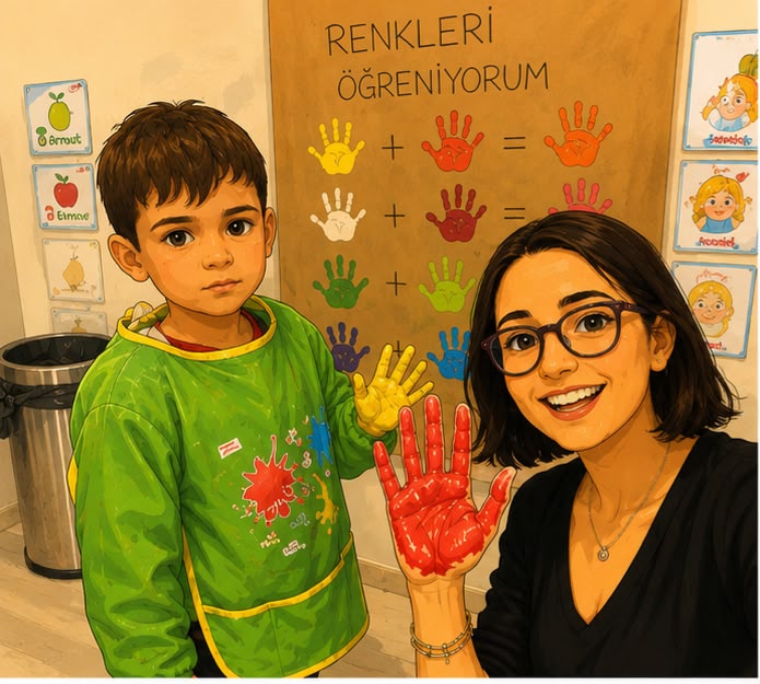 Renk karışımlarını parmak boyasıyla öğrenen bir öğrenci ve öğretmeni