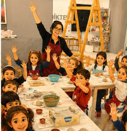 Seramik atölyesinde ellerini havaya kaldırmış çocuk grubu ve öğretmenleri