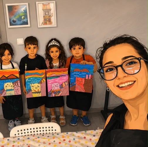 Tamamladıkları tabloları tutan dört öğrenci ve öğretmenleri