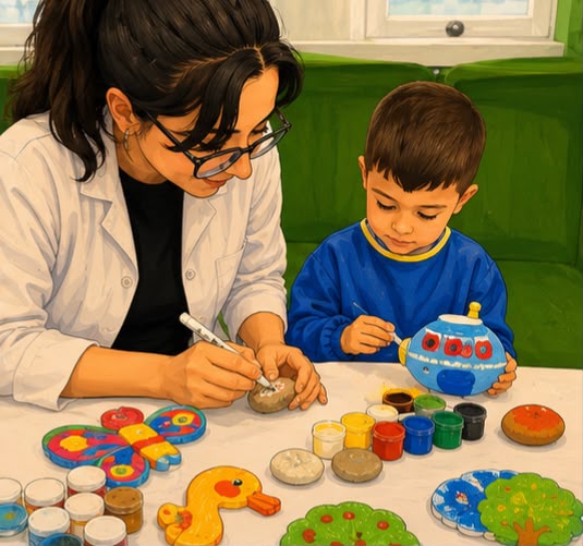 Bir öğrenciyle birlikte taş boyama çalışması